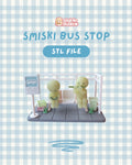 3DGirlie Studio Smiski bus stop scene 3D model with two figures, one reading, one playing flute. Includes bus sign, bench, trash can, and plants.
