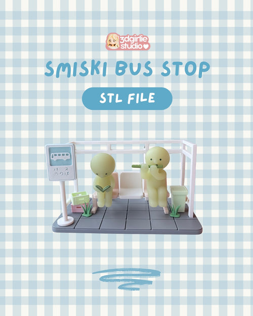 3DGirlie Studio Smiski bus stop scene 3D model with two figures, one reading, one playing flute. Includes bus sign, bench, trash can, and plants.